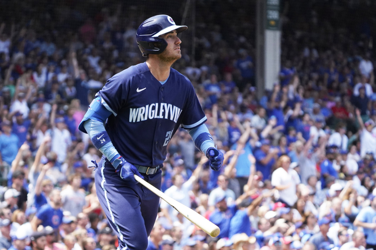 Chicago Cubs first baseman Cody Bellinger hits a two-run home run against the St. Louis Cardinals during the third inning at Wrigley Field. (2023)
